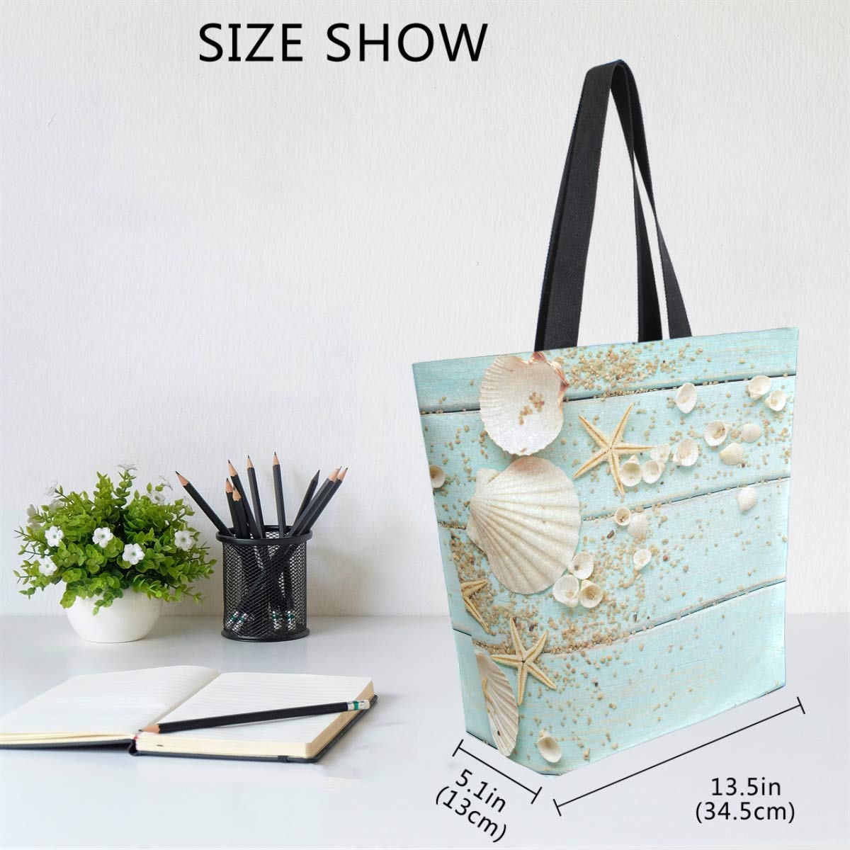Naanle Ocean Canvas Tote Bag Large Women Casual Shoulder Bag Handbag, Wooden Seashell Reusable Multipurpose Heavy Duty Shopping